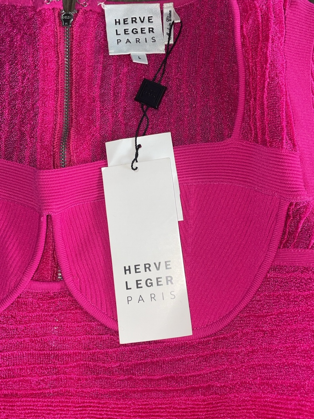 Herve Leger Neon Hot Pink Pleated Knit Crop Top and Mini Skirt Set
